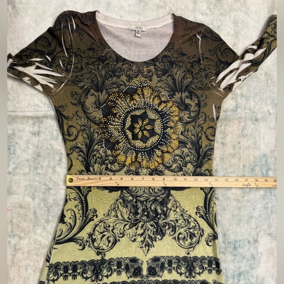 Vintage Cache Knit Baroque Print Top M Gold Black Long Sleeve Stretch - Picture 4 of 11